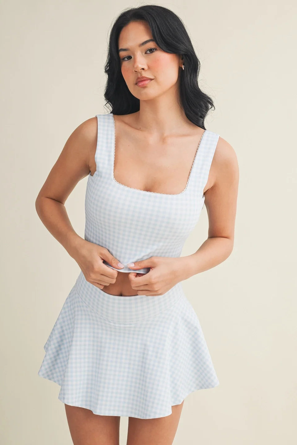Gingham Print Crop Tank with Lace Trim
