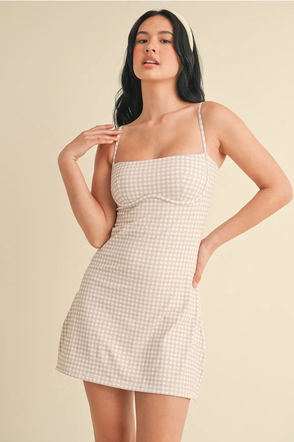 Gingham Print Sweetheart Dress - Beige Gingham
