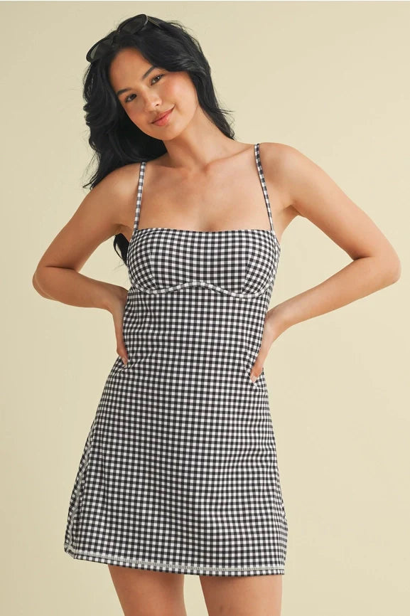Gingham Print Sweetheart Dress - Black Gingham