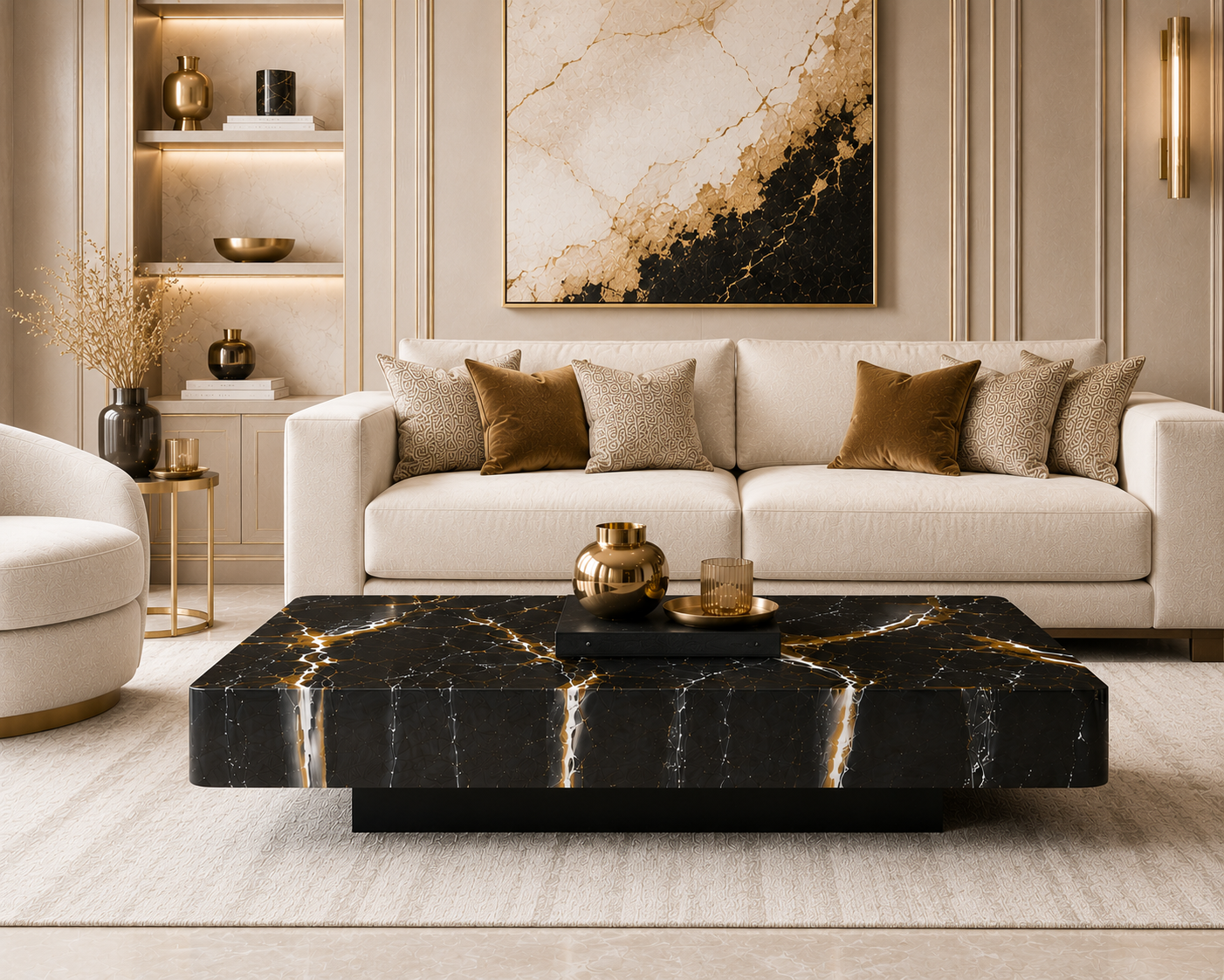 Glossy Black Gold Marble Coffee Table