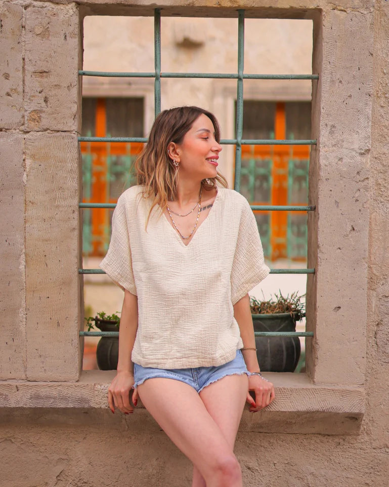 Green Double Gauze Cotton Top Beige