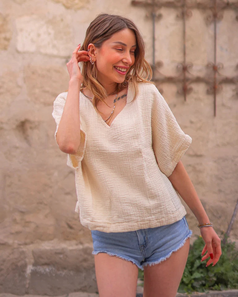 Green Double Gauze Cotton Top Beige