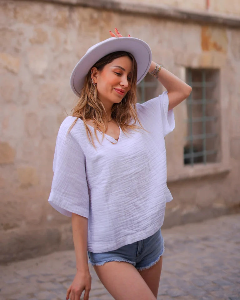 Green Double Gauze Cotton Top White