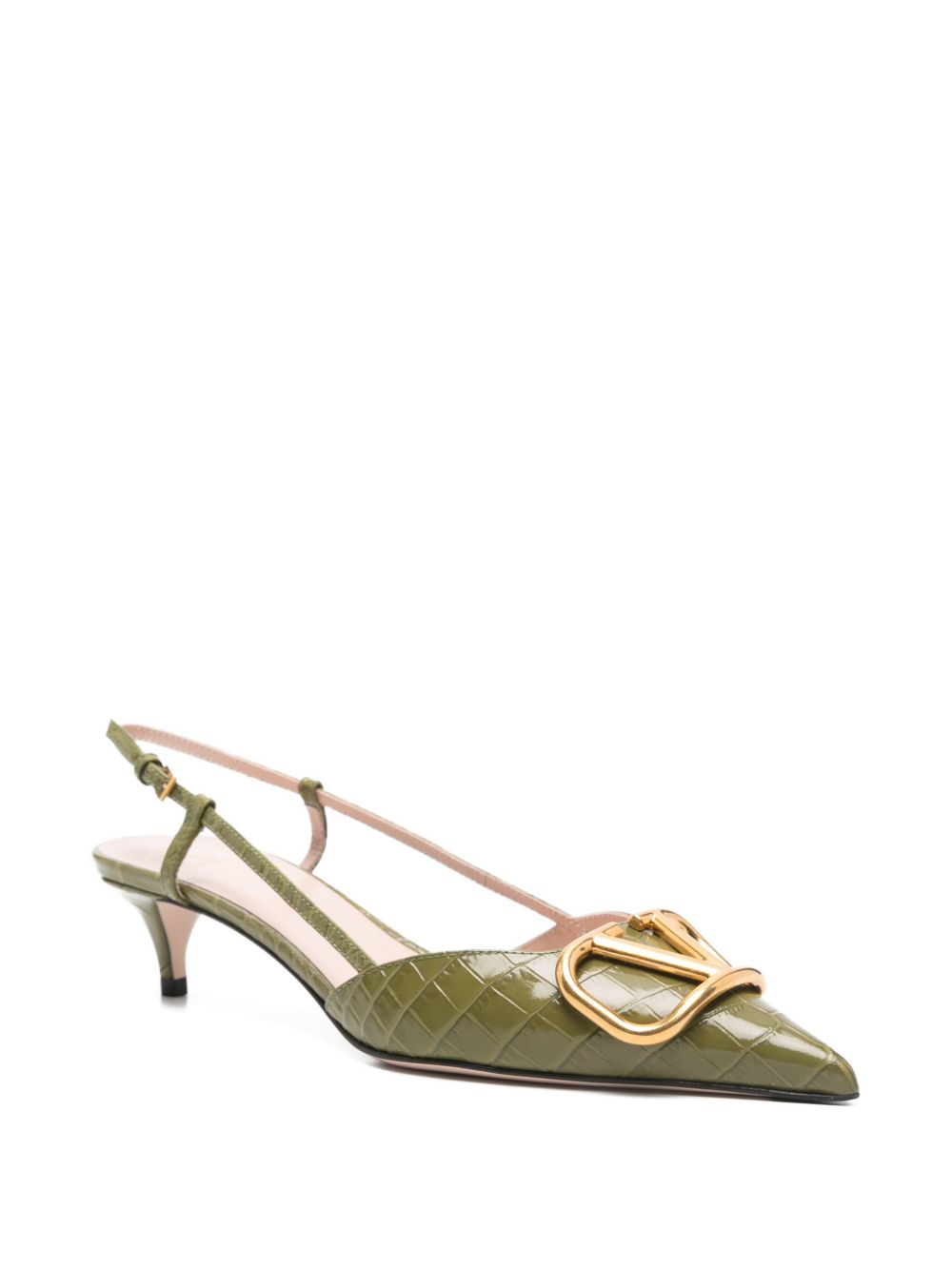 Green Embossed Crocodile Leather Kitten Heel Pumps