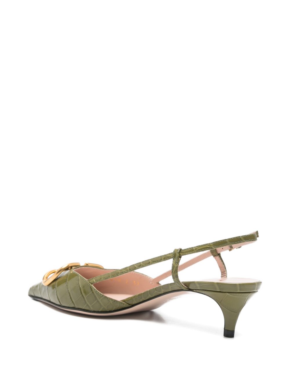Green Embossed Crocodile Leather Kitten Heel Pumps