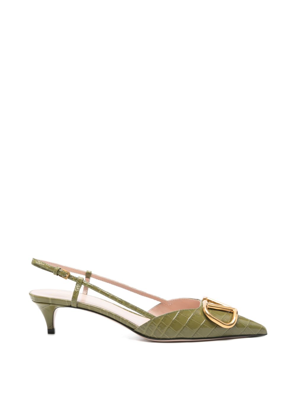 Green Embossed Crocodile Leather Kitten Heel Pumps