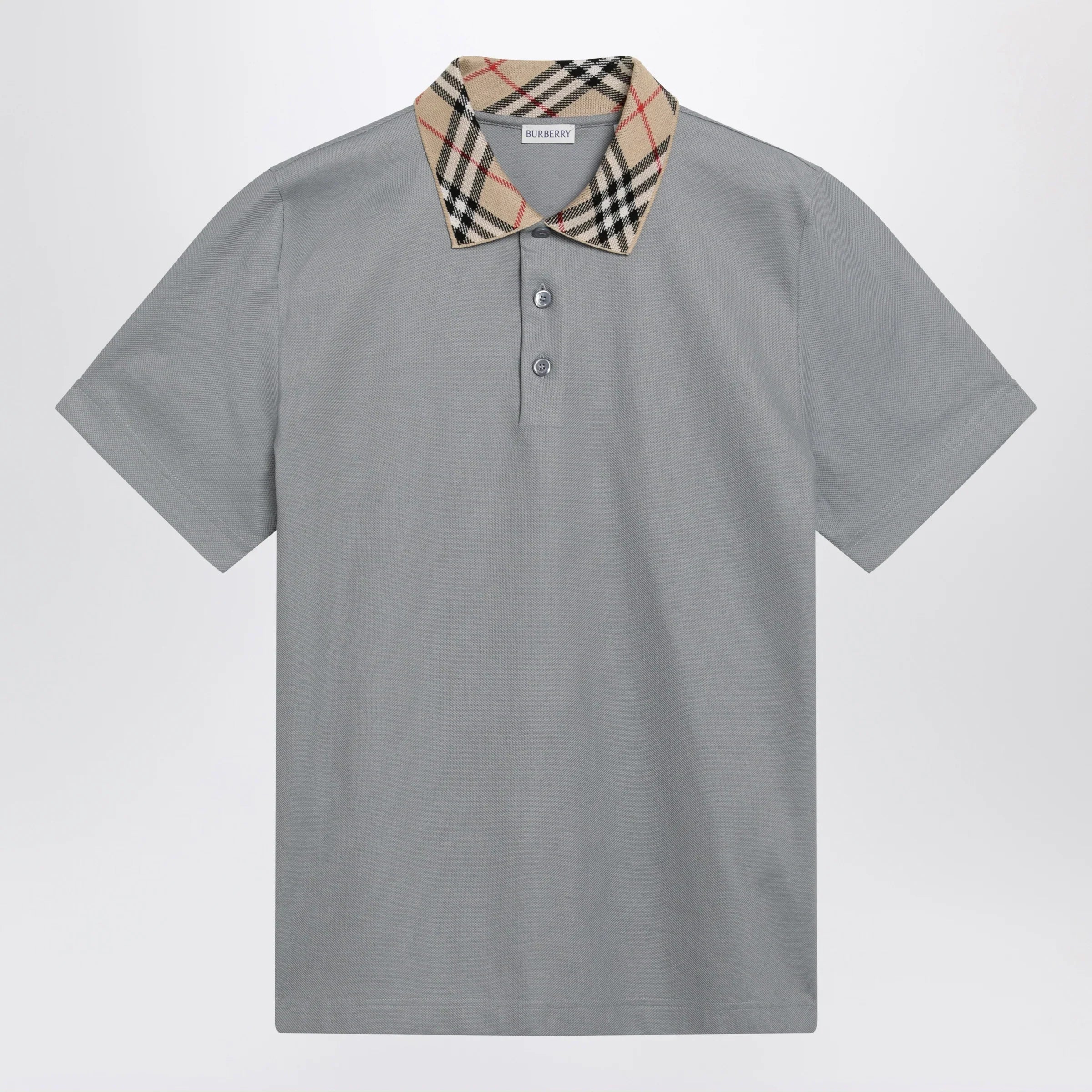 Grey Cotton Polo with Check Collar for Everyday Comfort
