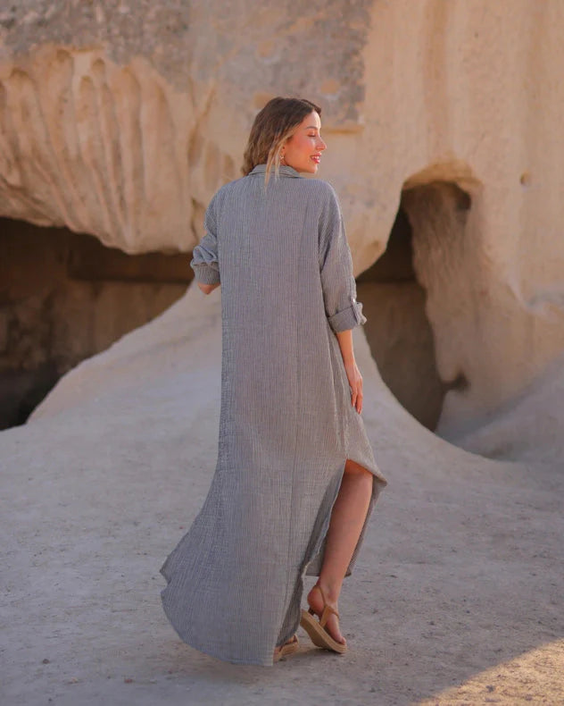 Grey Striped Double Gauze Muslin Cotton Shirt Dress