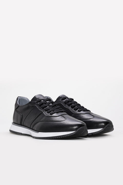 Black Leather Retro Runner Sneakers with White Sole | Wessi