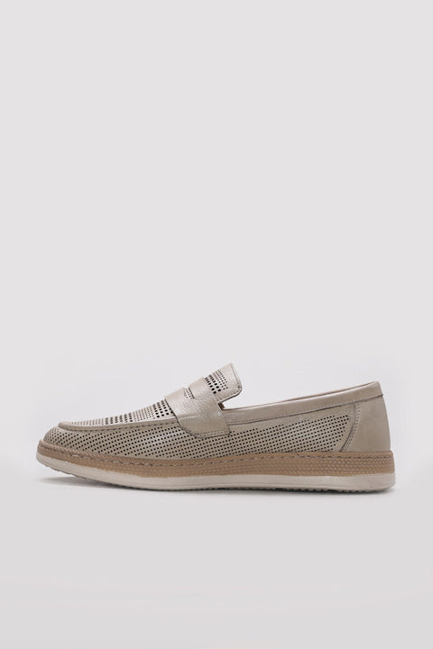 Beige Perforated Leather Casual Loafers for Men | Wessi