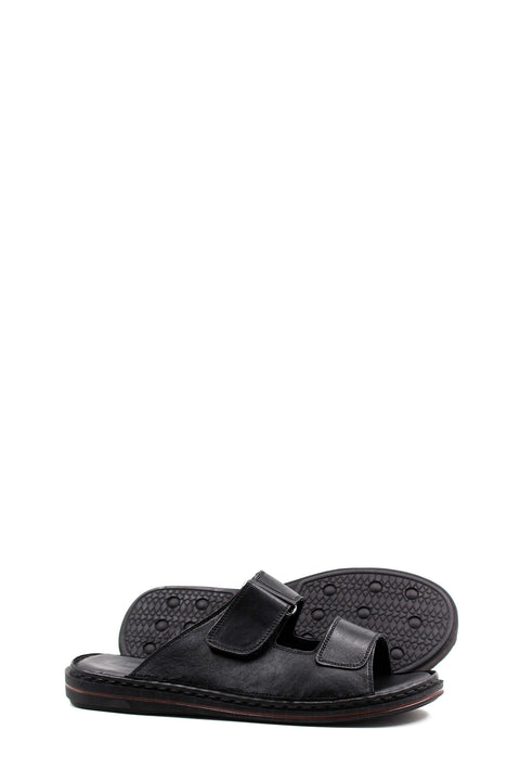 Men's Black Leather Open-Toe Slippers with Adjustable Straps - Wessi