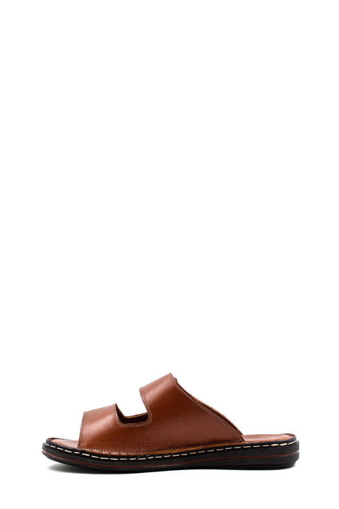 Men's Brown Leather Slippers with Dual Velcro Straps - Wessi