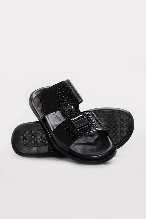 Black Embossed Leather Double-Strap Sandals for Men | Wessi