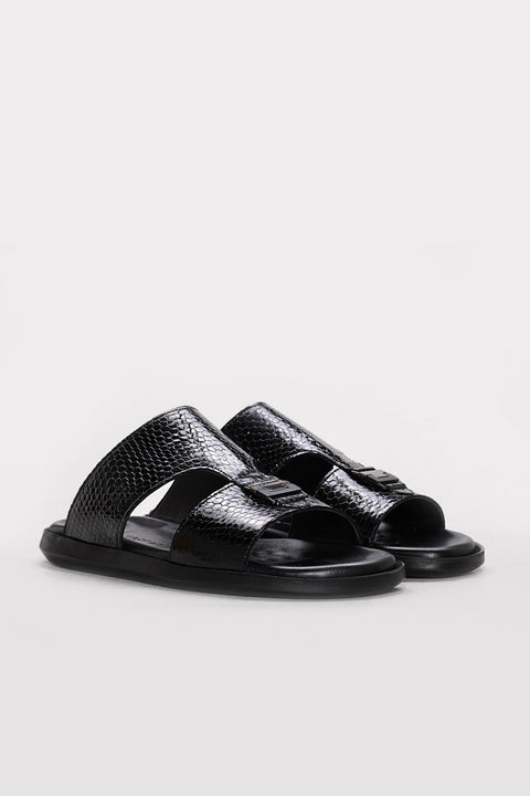 Black Embossed Leather Double-Strap Sandals for Men | Wessi