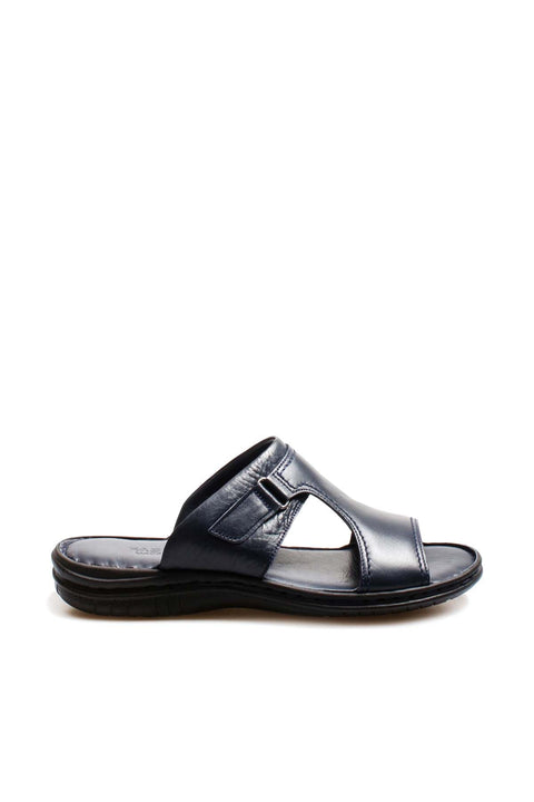 Men's Navy Leather Slide Sandals with Cutout Design - Wessi