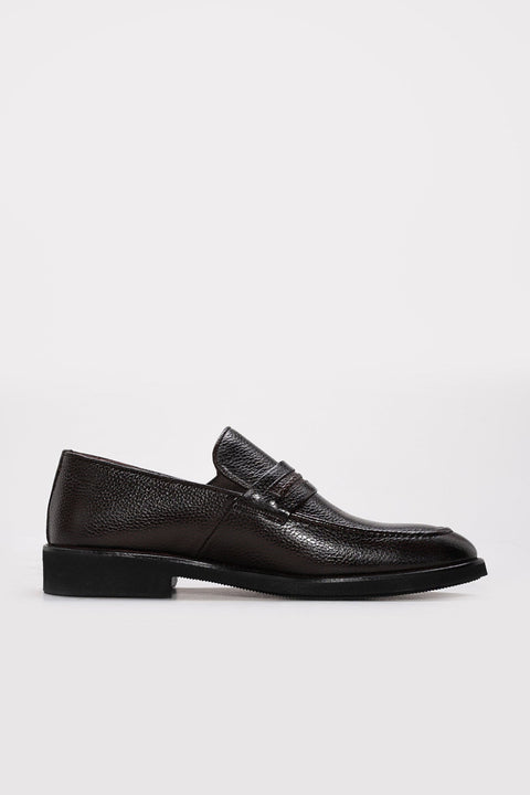 Dark Brown Textured Leather Penny Loafers for Men | Wessi