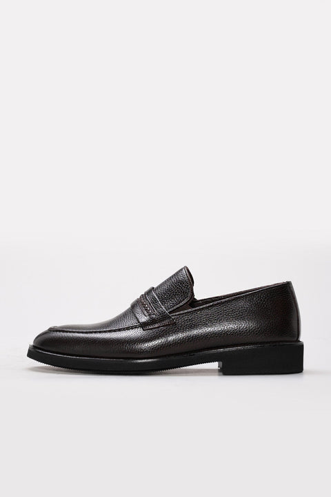 Dark Brown Textured Leather Penny Loafers for Men | Wessi