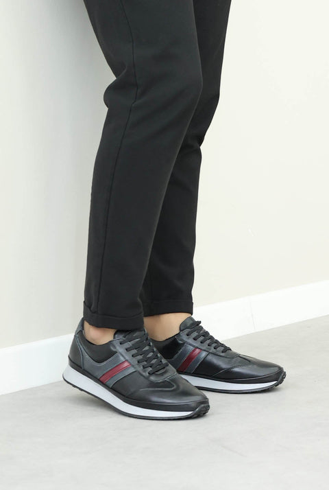Men's Dark Brown Leather Sneakers with Burgundy Stripe - Wessi