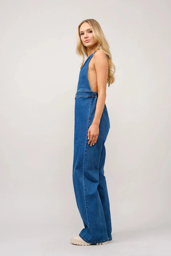 Halter Tie Back Plunge V Denim Jumpsuit