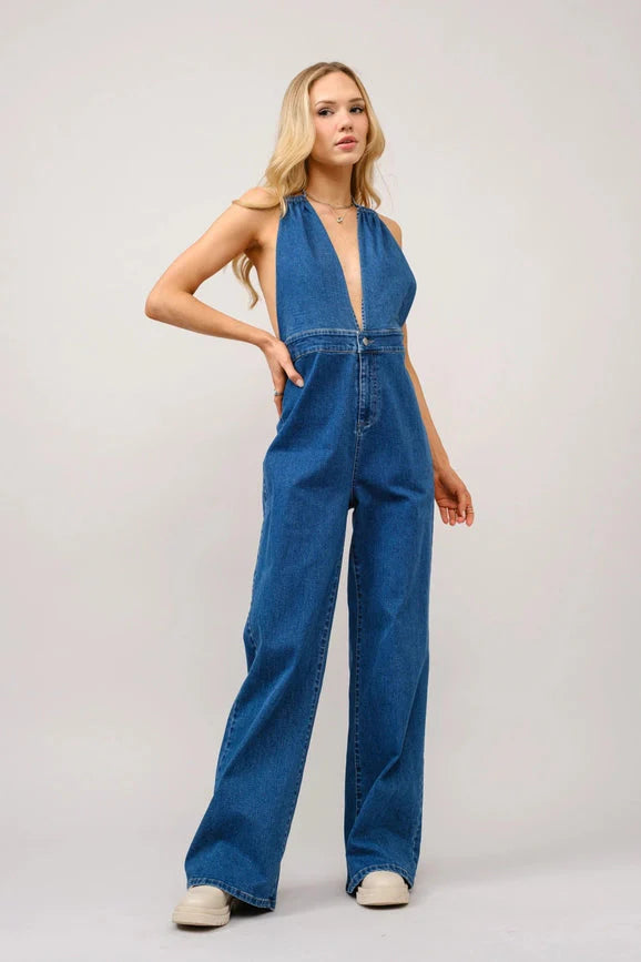 Halter Tie Back Plunge V Denim Jumpsuit