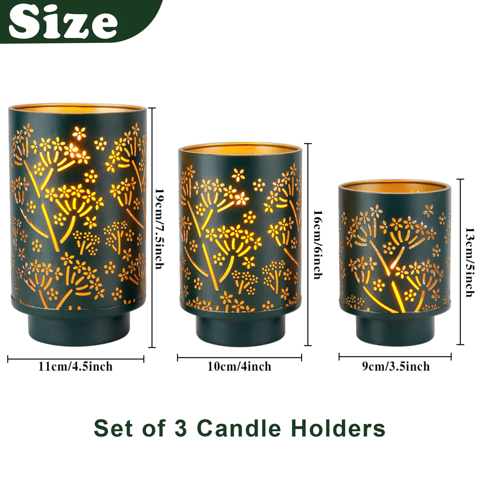 Set of 3-7.5“H Metal Green Candle Holders