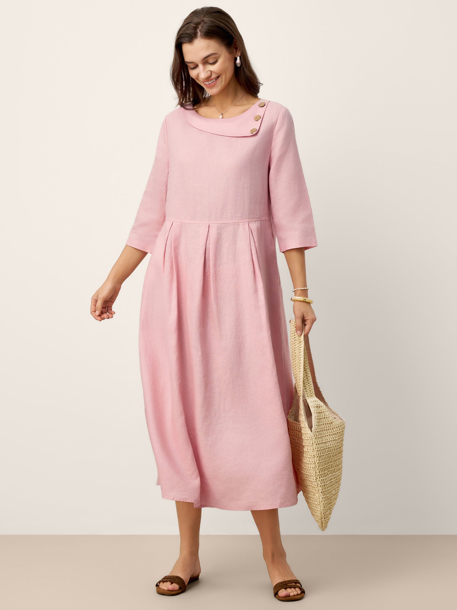 100% Linen Crescent Neck Decorative Button Waist Pleated Maxi Dress GWENYTH