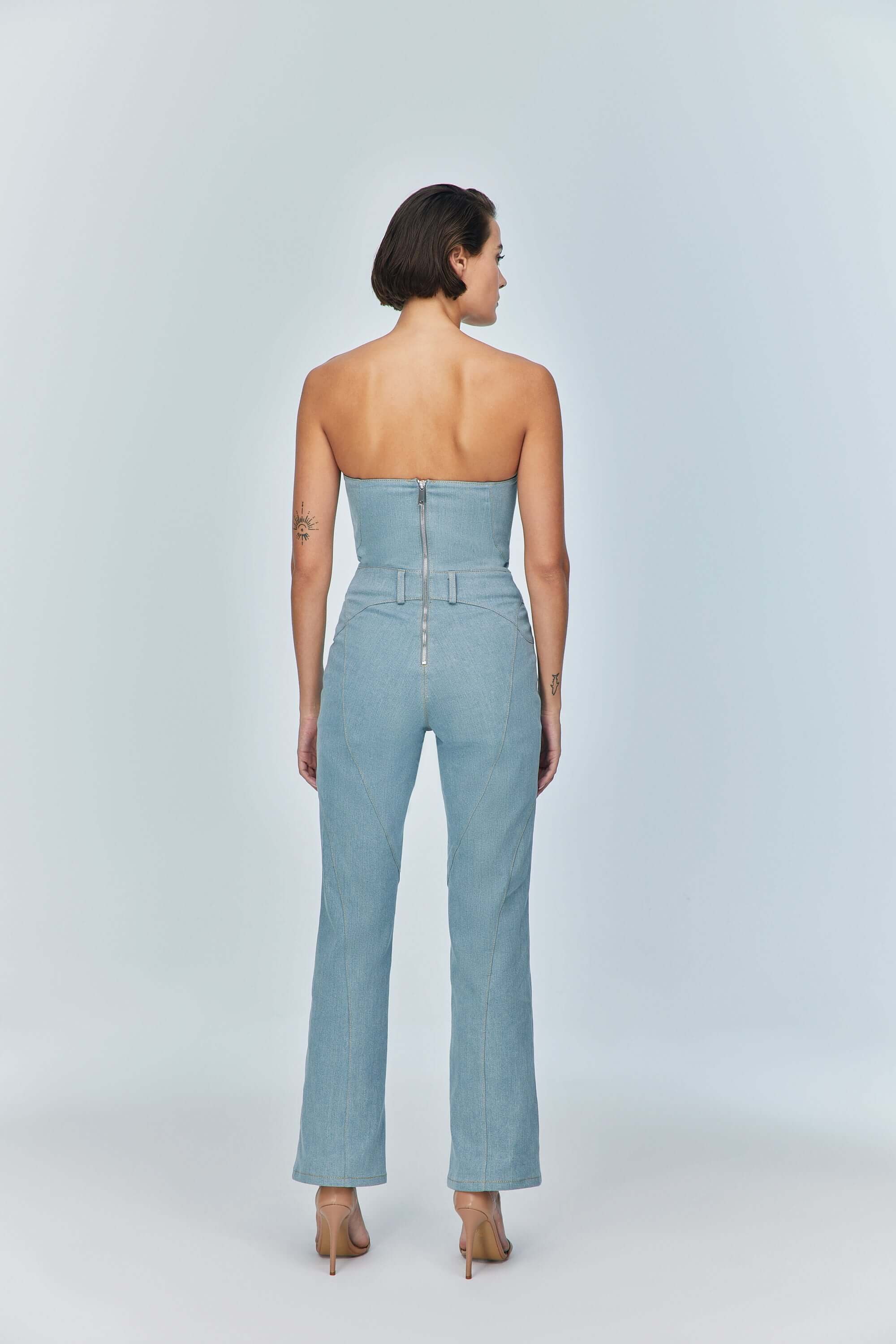 Jendue Marvel Maxi Denim Jumpsuit - Strapless, Cut-Out