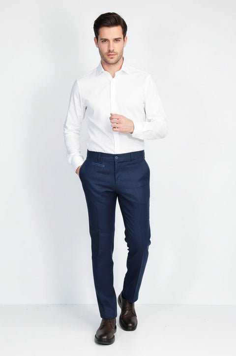 Navy Solid Slim Fit Dress Trousers – Wessi