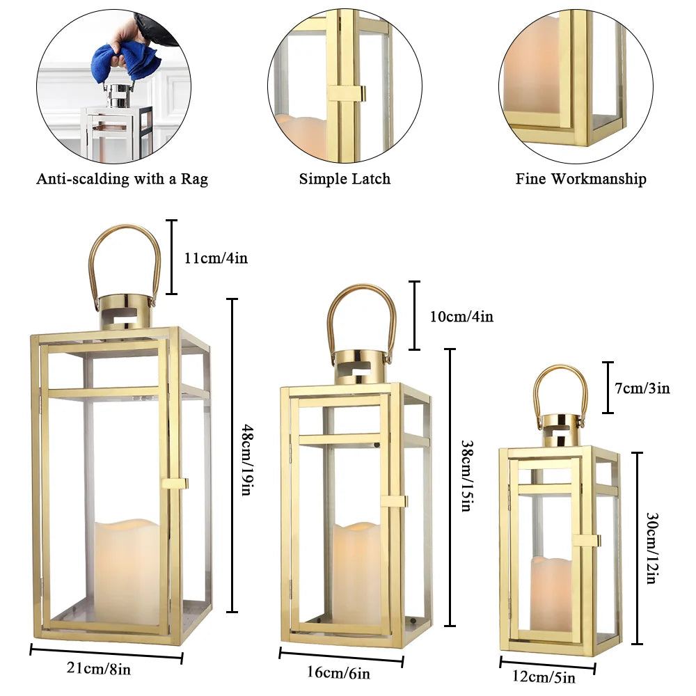 Set of 3 Stainless Steel Lantern  (12/15/19'') -Gold