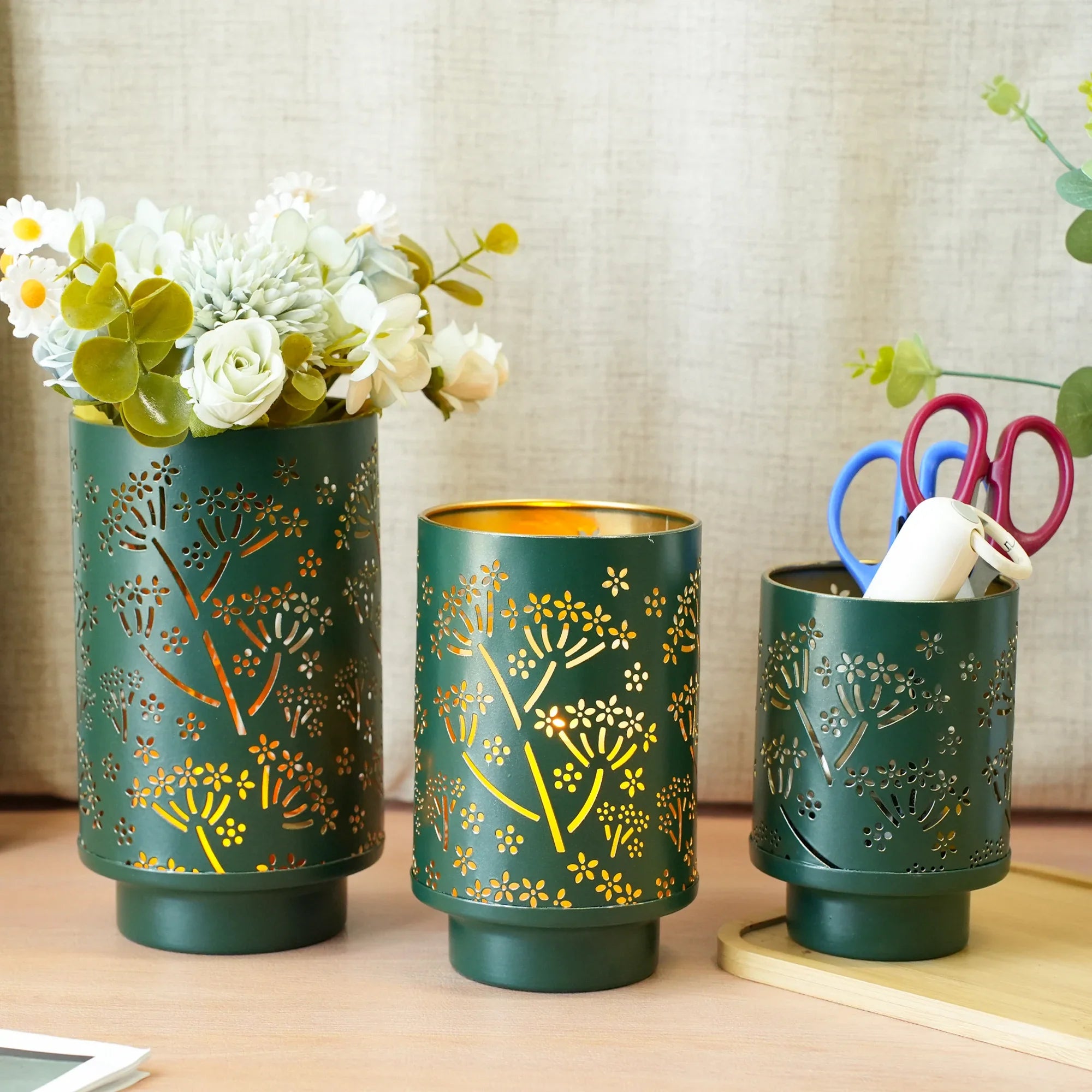 Set of 3-7.5“H Metal Green Candle Holders