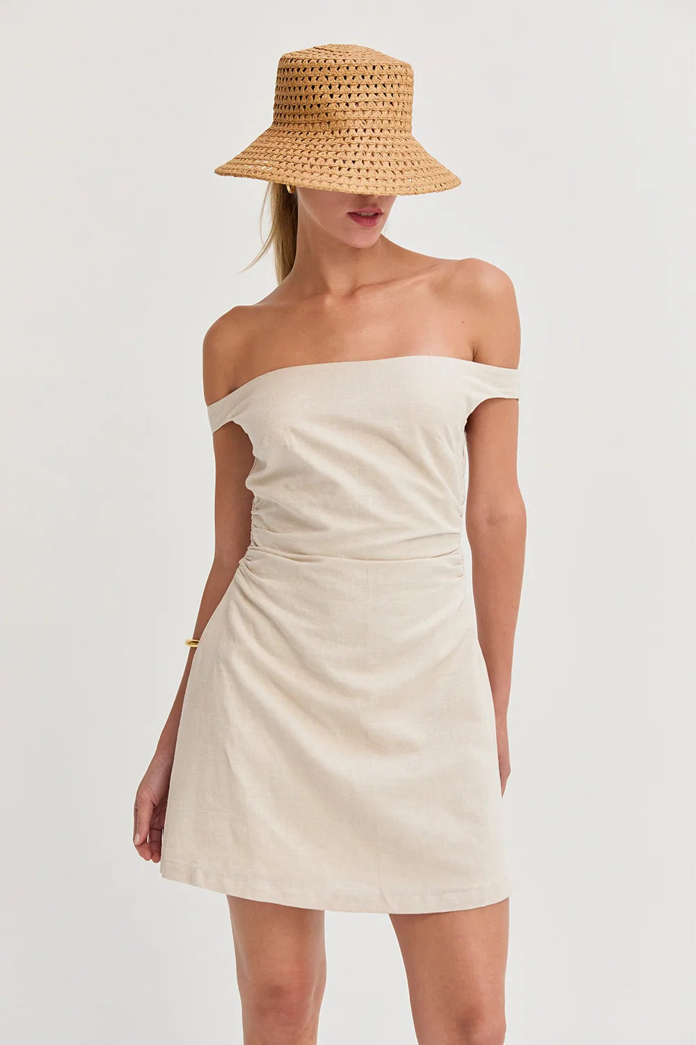 Linen Blend Off Shoulder Side Ruched Mini Dress - Oatmeal