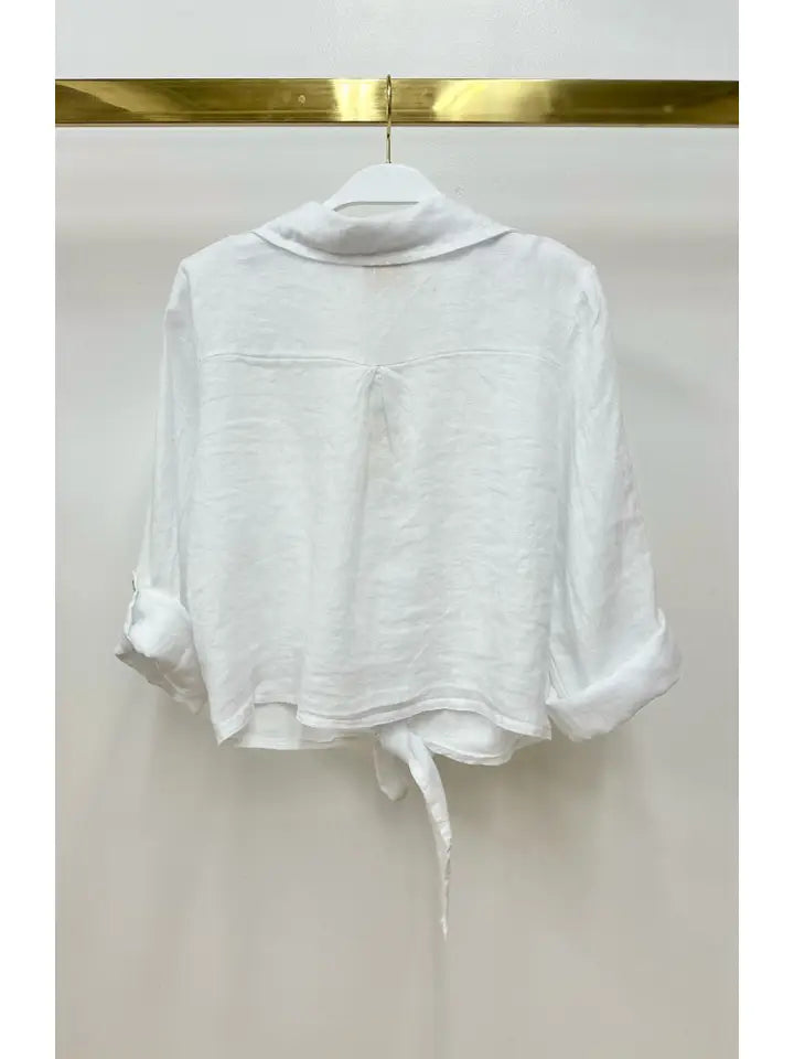 Linen Cropped Tie Blouse White