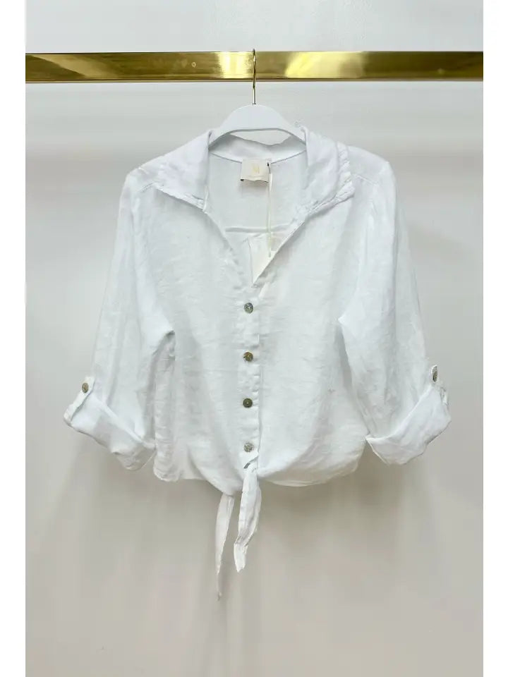 Linen Cropped Tie Blouse White