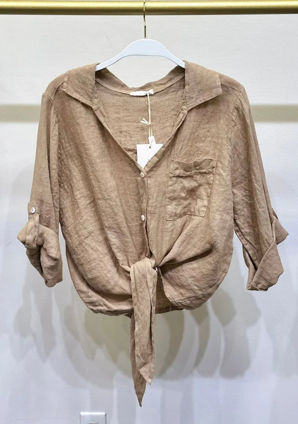 Linen Front Tie Button Shirt