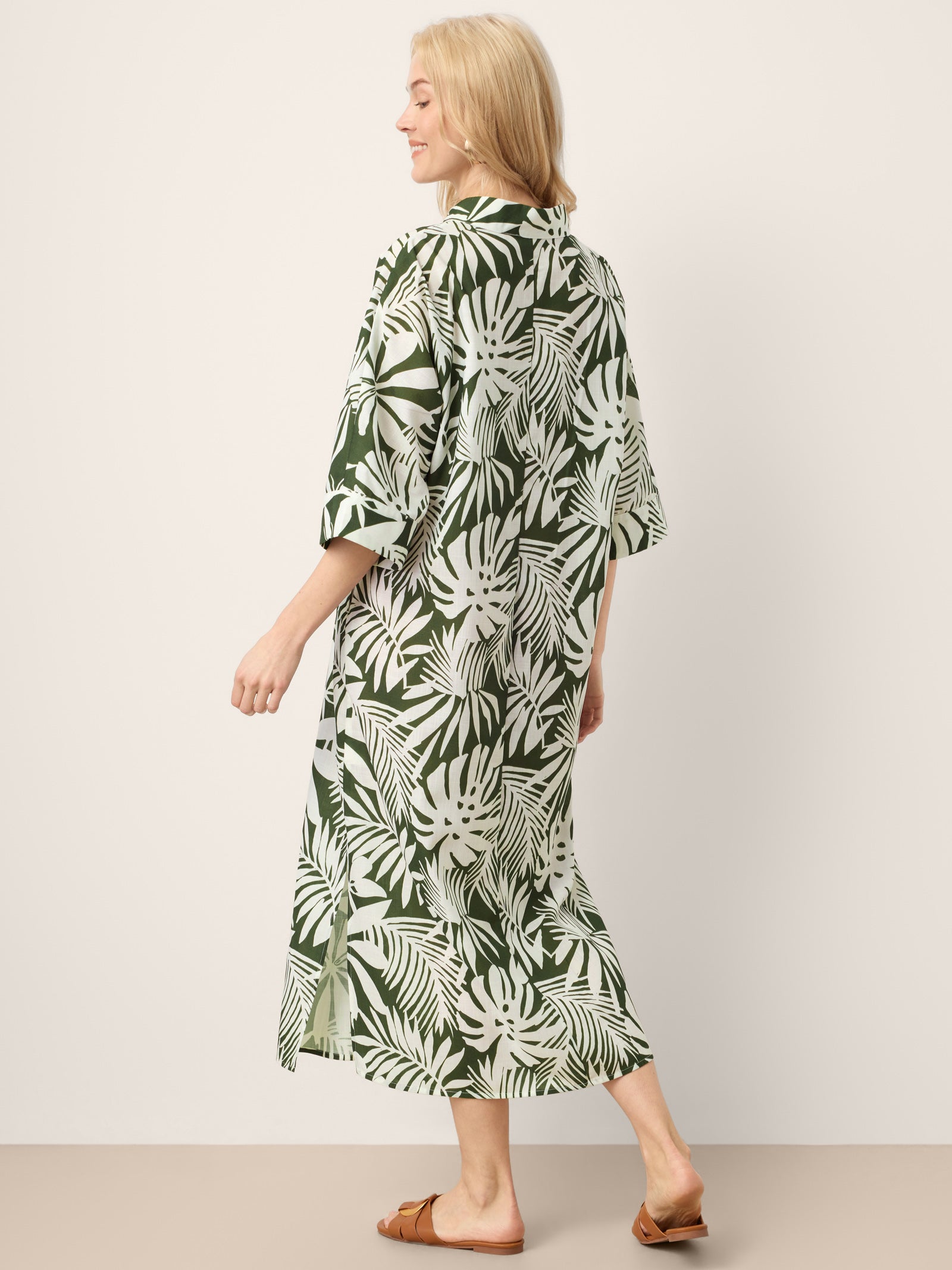 Linen Palm Print Camp Collar Relaxed Midi Shirt Dress MINERVA