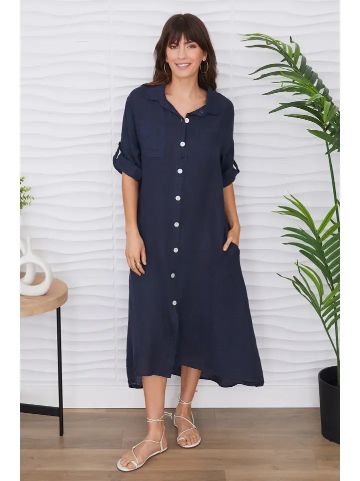 Linen Pocket Dress Navy