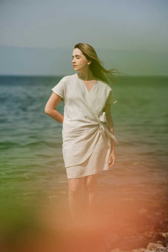 Linen Summer Wrap Mini Dress Beige