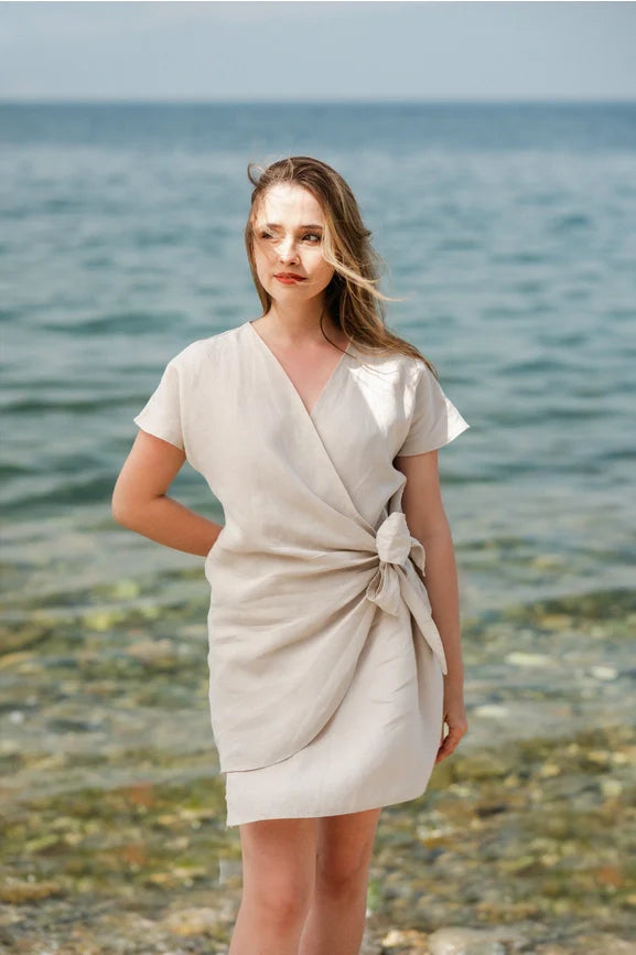 Linen Summer Wrap Mini Dress Beige