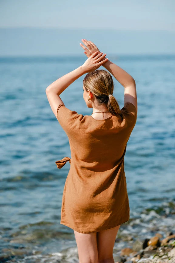 Linen Summer Wrap Mini Dress Brown