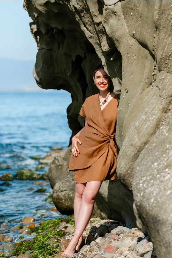 Linen Summer Wrap Mini Dress Brown