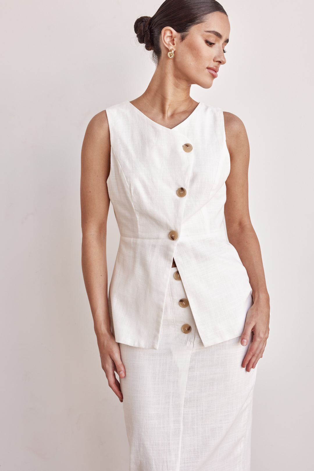 Linen Vest - Off-White Peplum Linen Vest For Women