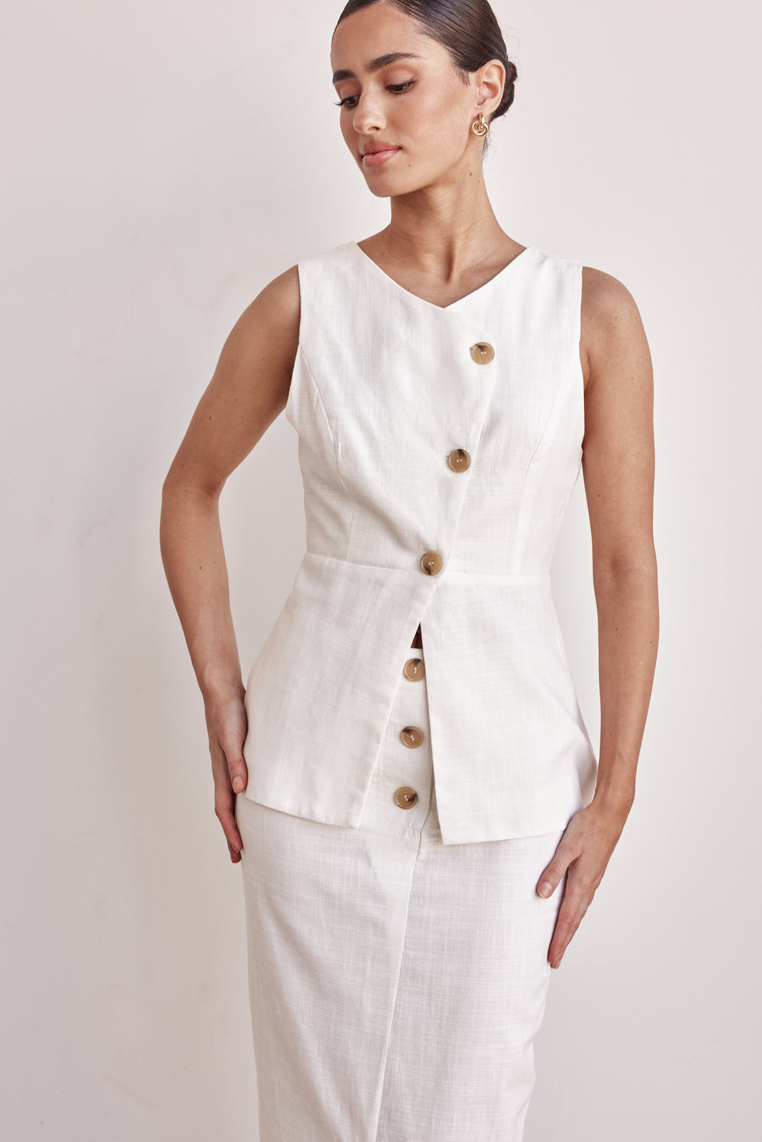 Linen Vest - Off-White Peplum Linen Vest For Women