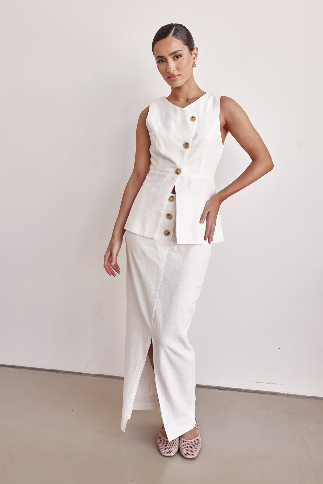 Linen Vest - Off-White Peplum Linen Vest For Women