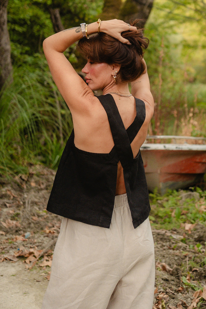 Linen Wide Strap Cross Back Tank Top