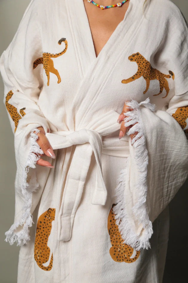 Long Tiger Kaftan Kimono Robe  White Kimono Brown Tiger