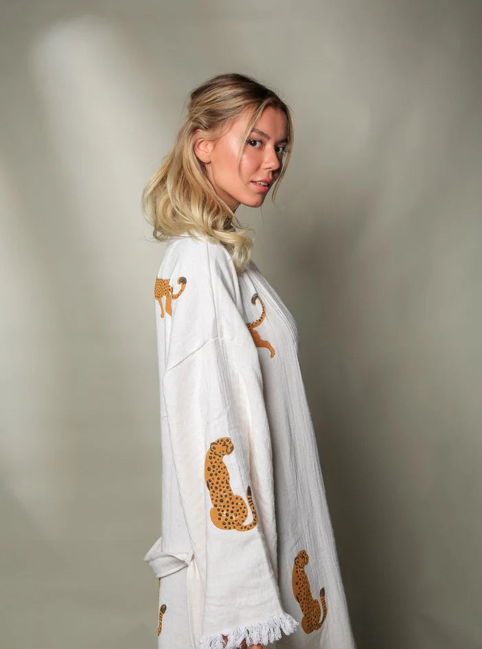 Long Tiger Kaftan Kimono Robe  White Kimono Brown Tiger