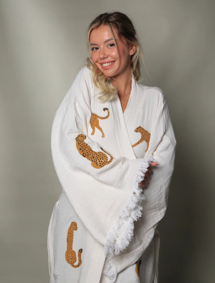 Long Tiger Kaftan Kimono Robe  White Kimono Brown Tiger