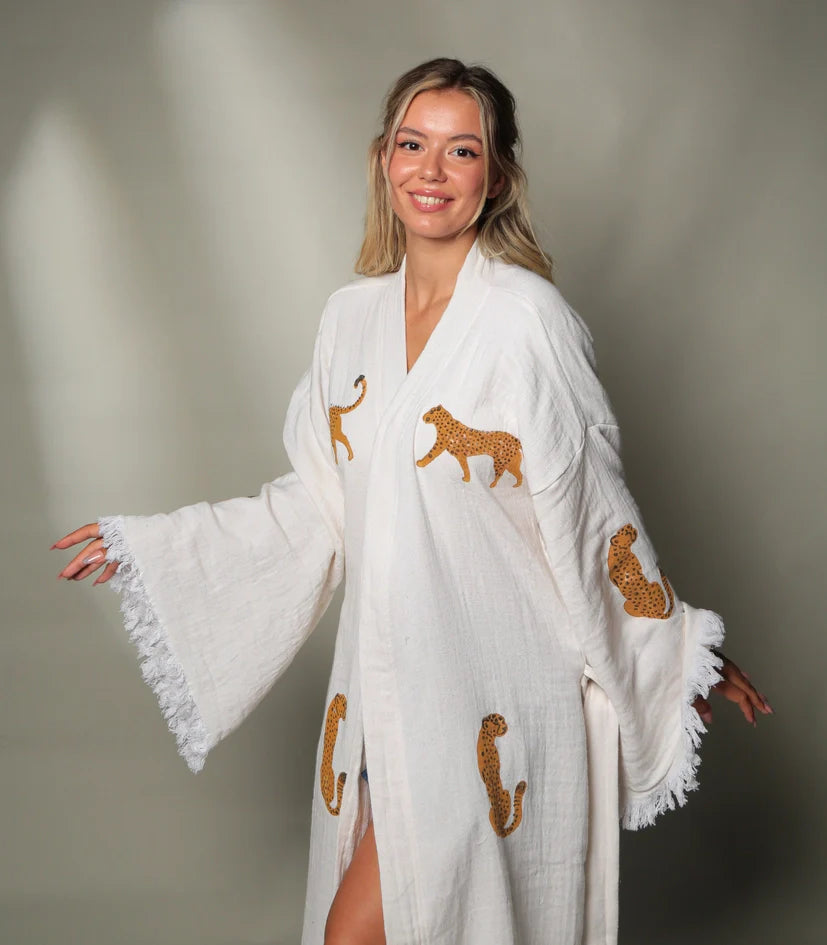Long Tiger Kaftan Kimono Robe  White Kimono Brown Tiger
