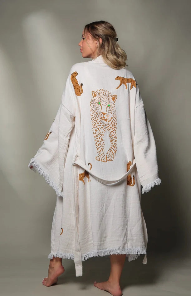 Long Tiger Kaftan Kimono Robe  White Kimono Brown Tiger
