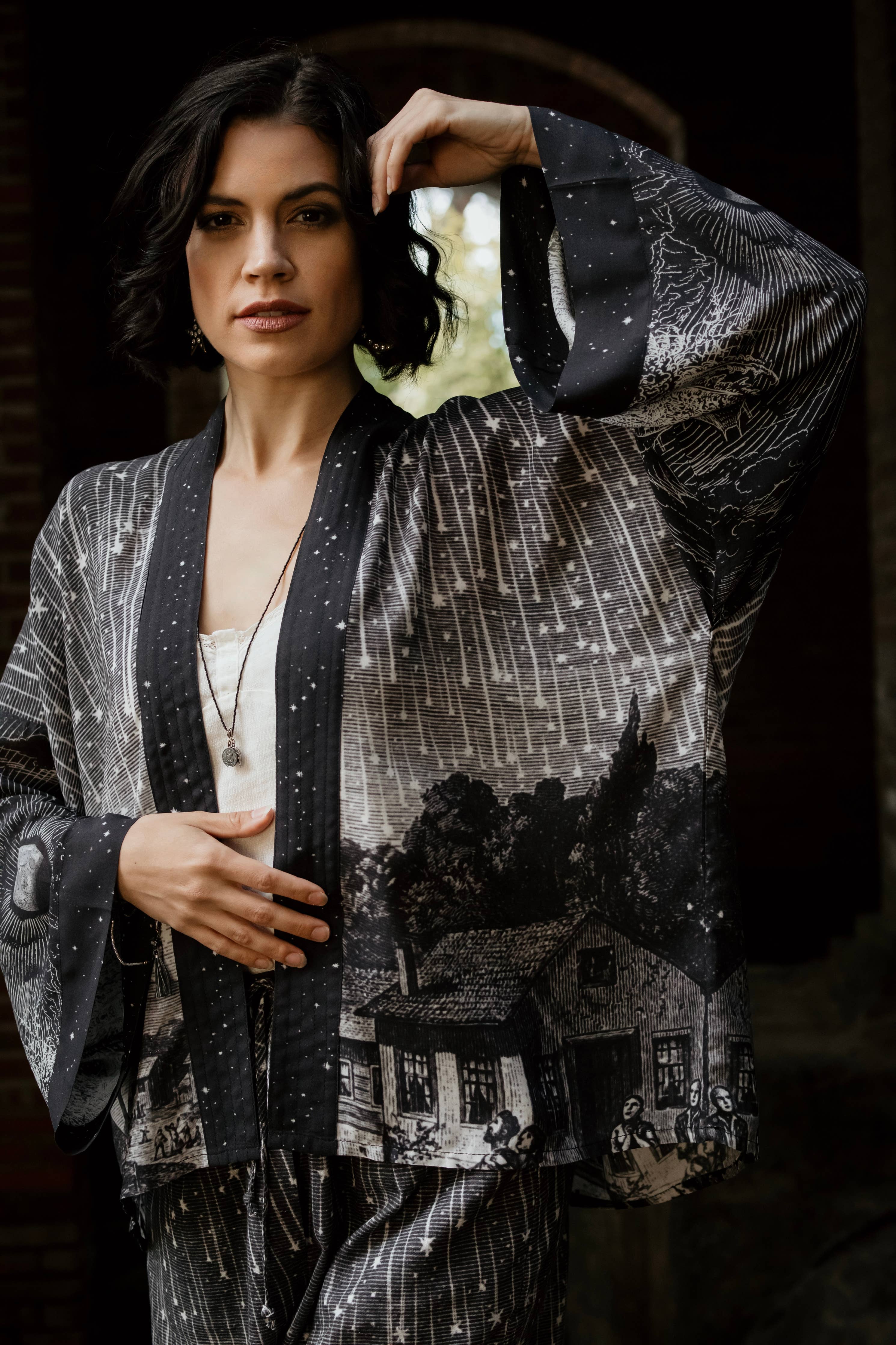 Market of Stars - Stargazer Cropped Bamboo Kimono Cardigan with Falling Stars